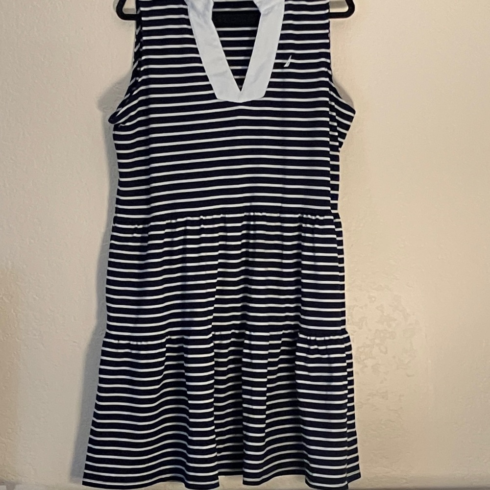 Nautica Navy and White Striped Midi Dress